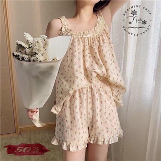 Set áo 2 dây chun hoa mix quần chun 2 lớp,