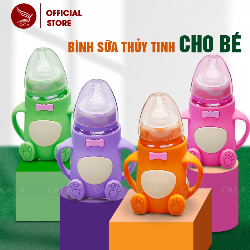 Bình Sữa giữ nhiệt thủy tinh, Bình Ti Sữa Cho Bé Có Tay Cầm CUTE - HÀNG MỚI VỀ [Dung tích 240ML]