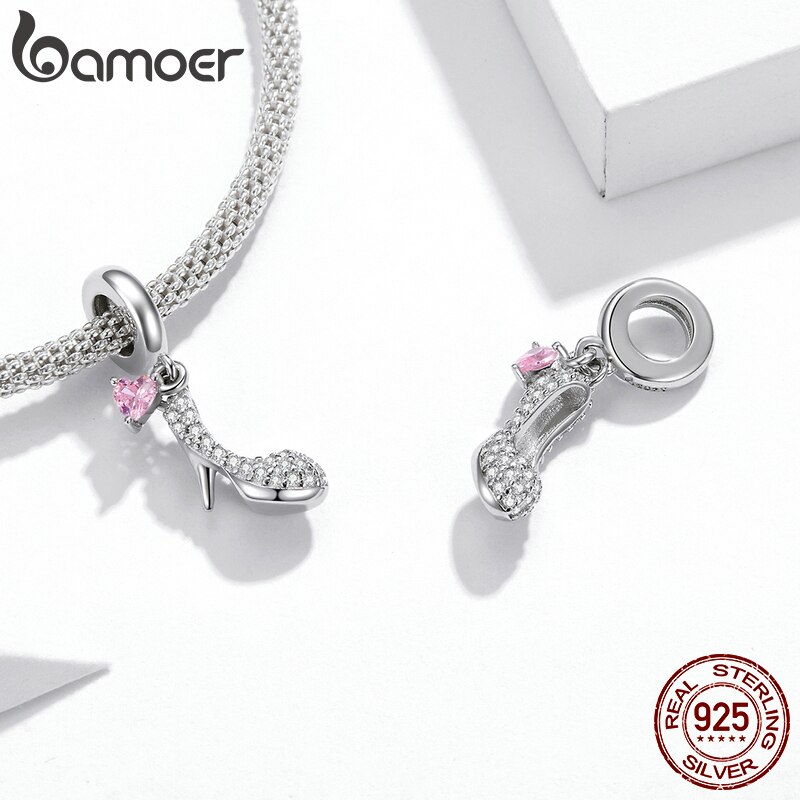 Hạt Charm Gắn Vòng Tay Bamoer Hình Giày Cao Gót Thủy Tinh Gắn Tim Màu Hồng Bằng Đá Zircon Nguyên Bản BSC411