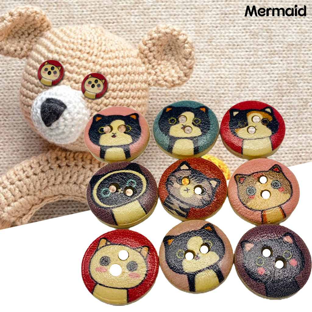 MM 100Pcs Cartoon Kitty Print Wood Buttons DIY Sewing Shirt Scrapbook Bags Decor