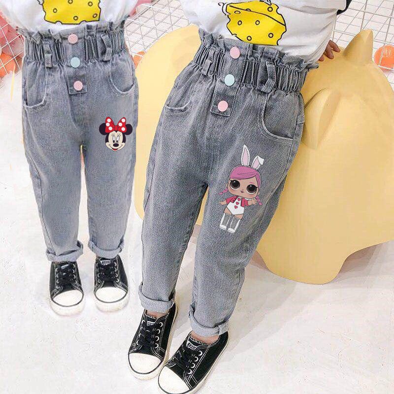 Quần jeans dài in họa tiết chuột Mickey hoạt hình xinh xắn cho bé gái từ 1-7 tuổi