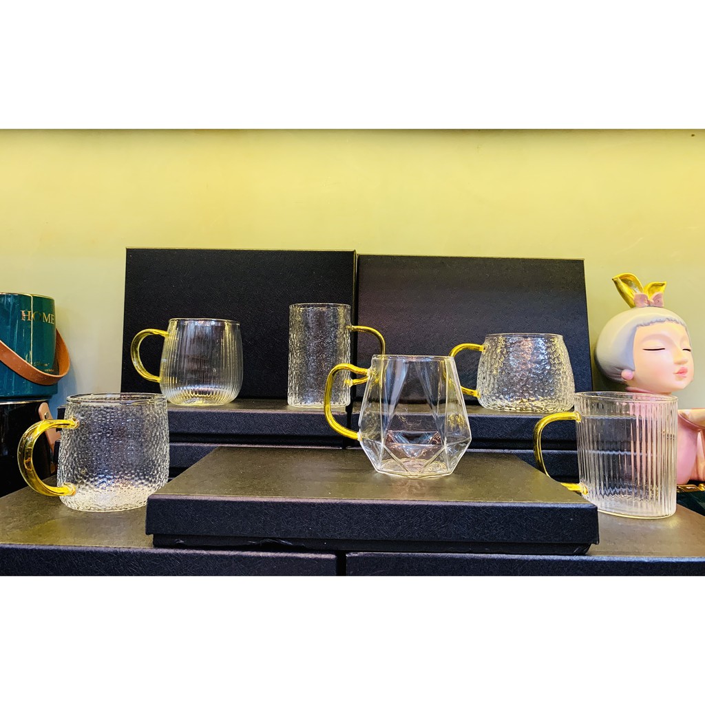 (6 Mẫu) Cốc Thủy Tinh Chịu Nhiệt Quai Vàng 300,400ml Cao Cấp Phong Cách Bắc Âu