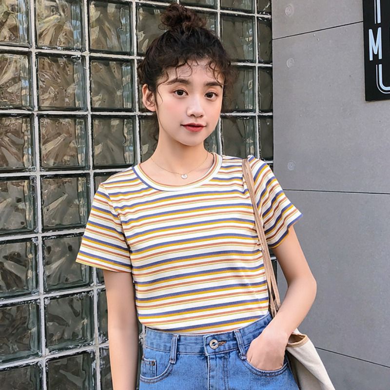 Áo Thun Nữ MIESU Ngắn Tay Croptop Kẻ Sọc Chất Len Dệt Kim Cao Cấp Hàng Quảng Châu