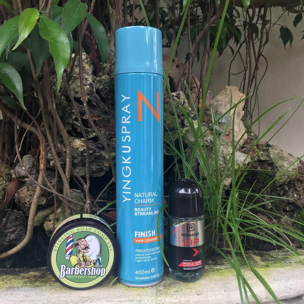 COMBO Lăn Khử Mùi Romano  VIP + Gôm Xịt Tóc N Finish Yingku spay + Sáp Vuốt Tóc BarberShop Shave Soap