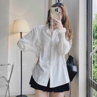 Áo sơ mi bo chun tay cách điệu xinh màu trắng chất đũi lụa congtkhd