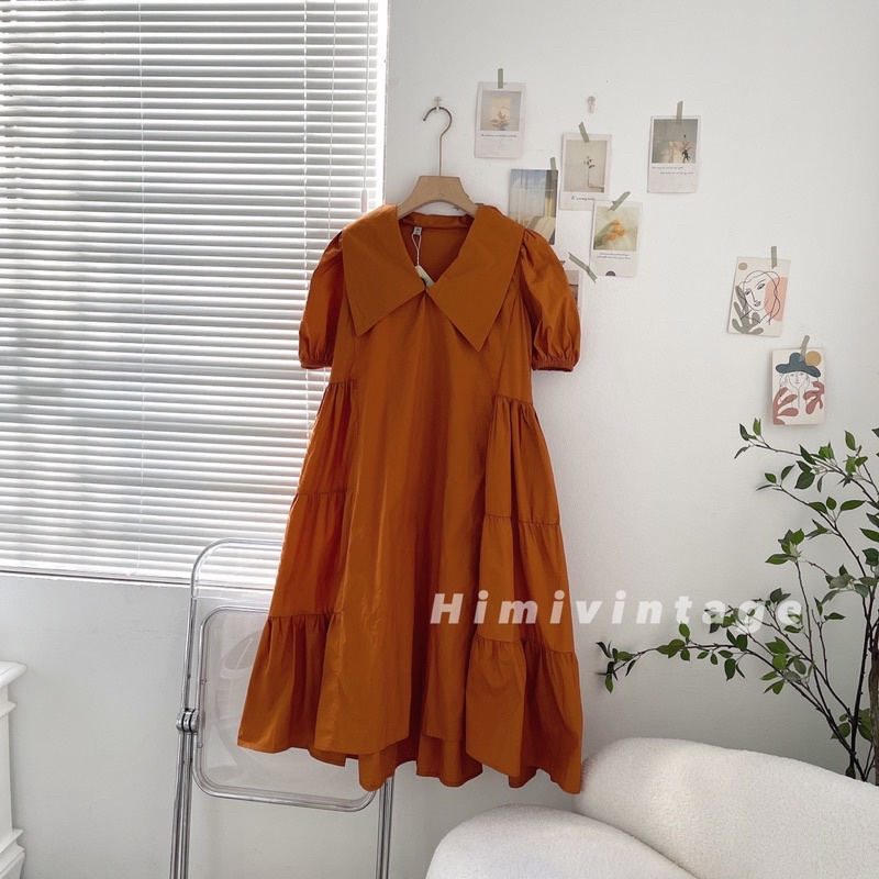 Đầm babydoll dáng dài cổ sen tay bồng