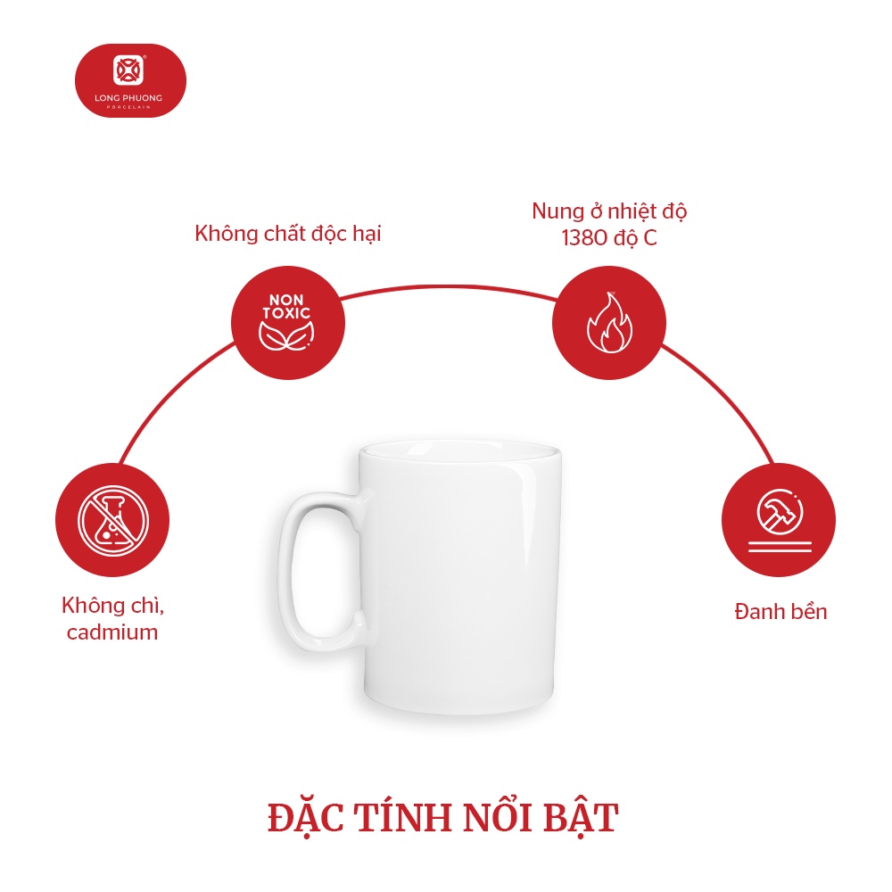 Ca cao 3 Long Phương - Cốc uống nước bằng sứ trắng có tay cầm
