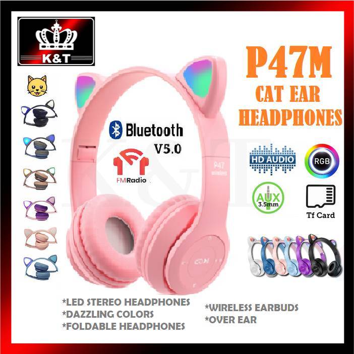 Tai Nghe Bluetooth Không Dây P47M Hình Tai Mèo Có Đèn LED
