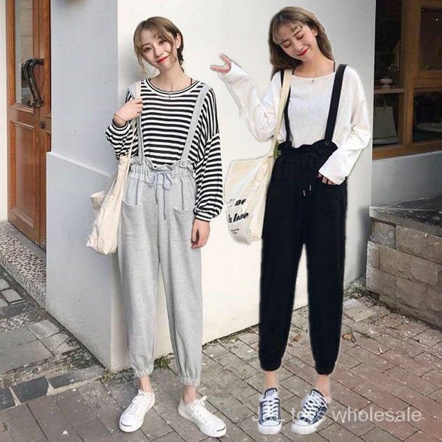 Quần yếm dài vải jean lưng cao phong cách Hàn Quốc thời trang cho phụ nữ
