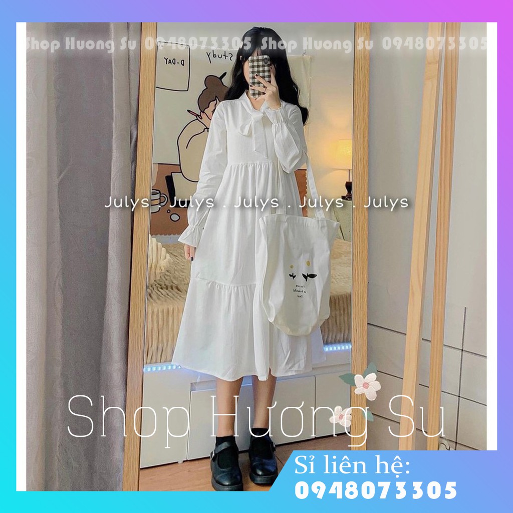 Đầm Babydoll Trắng Dáng Dài Thắt Nơ Cổ-Váy dài Babydoll Nơ Ngực-Váy Nữ Tay Bồng Dáng Suông (2 Màu)-HươngSu
