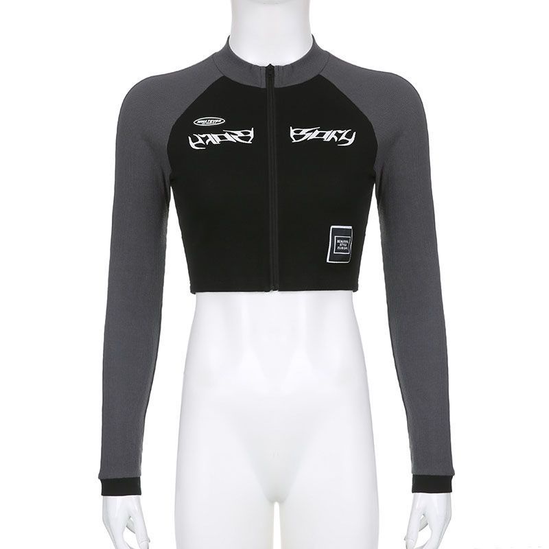 Áo Thun Ngắn Cổ Cao Dáng Ôm In Họa Tiết Phối Khóa Kéo Thời Trang Cho Nữ