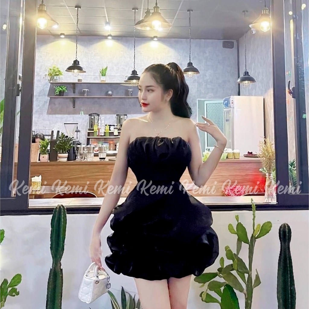 Váy cúp ngực tơ óng chân bồng bềnh nhún xoắn hoa Kemi 4 màu đen trắng be hồng siêu mềm mịn