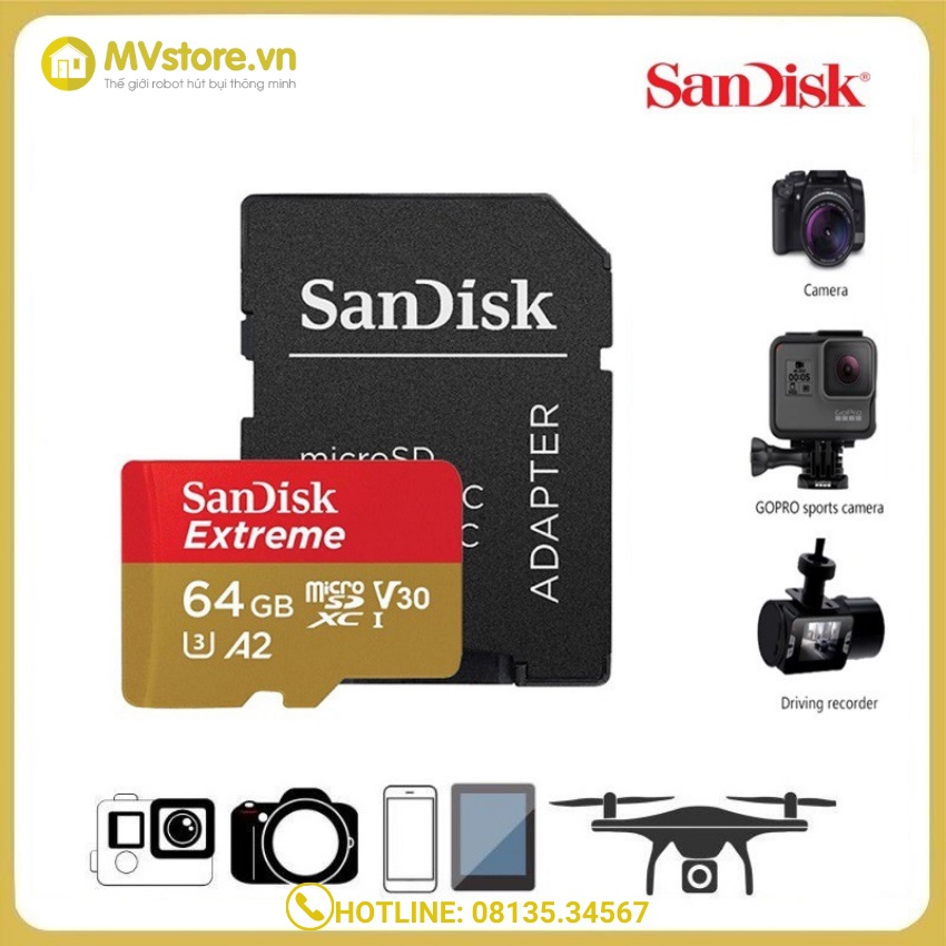 Thẻ nhớ 64GB MicroSDXC Sandisk Extreme A2 160/60 MBs - Thẻ nhớ JVJ Pro U3 - Like New