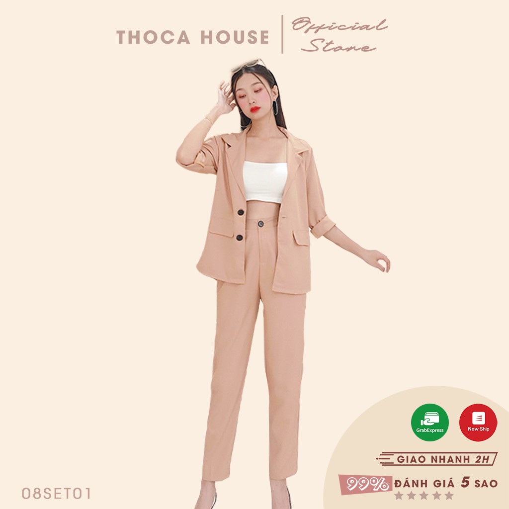 Set áo khoác vest túi nấp phối quần baggy nude trơn THOCA HOUSE lịch sự phù hợp đi làm công sở freesize dưới 56kg