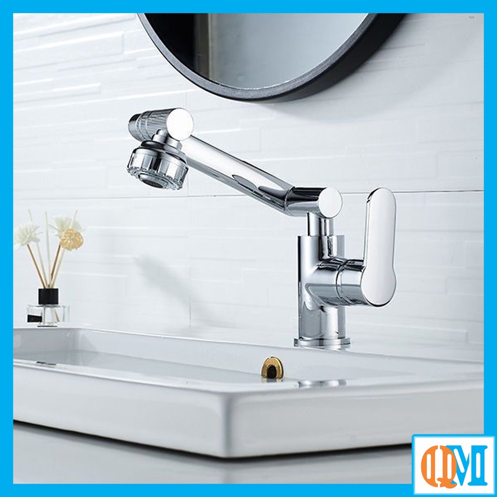 Vòi Nước Bồn Rửa Nhà Tắm Nóng Lạnh, Vòi Lavabo bằng Inox Bóng Cứng Đa Năng Xoay 1080 Độ (kèm dây cấp Nóng Lạnh)