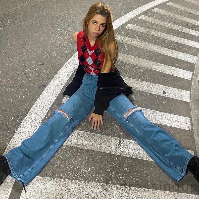 Quần Jean Rách Gối Ống Loe Lưng Cao Phong Cách Sành Điệu Cho Phụ Nữ