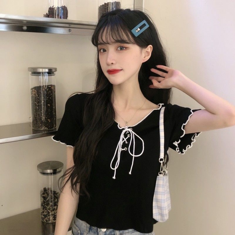 Áo nữ BH dệt kim tay ngắn phối dây thời trang