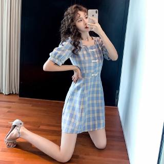 Đầm Sườn Xám Cách Tân Cổ Vuông Tay Phồng Họa Tiết Caro Thời Trang Mùa Hè