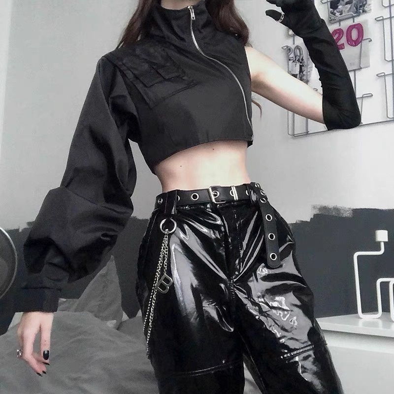 Áo croptop cổ cao dây kéo xéo tay dài 1 bên đen cá tính thời thượng