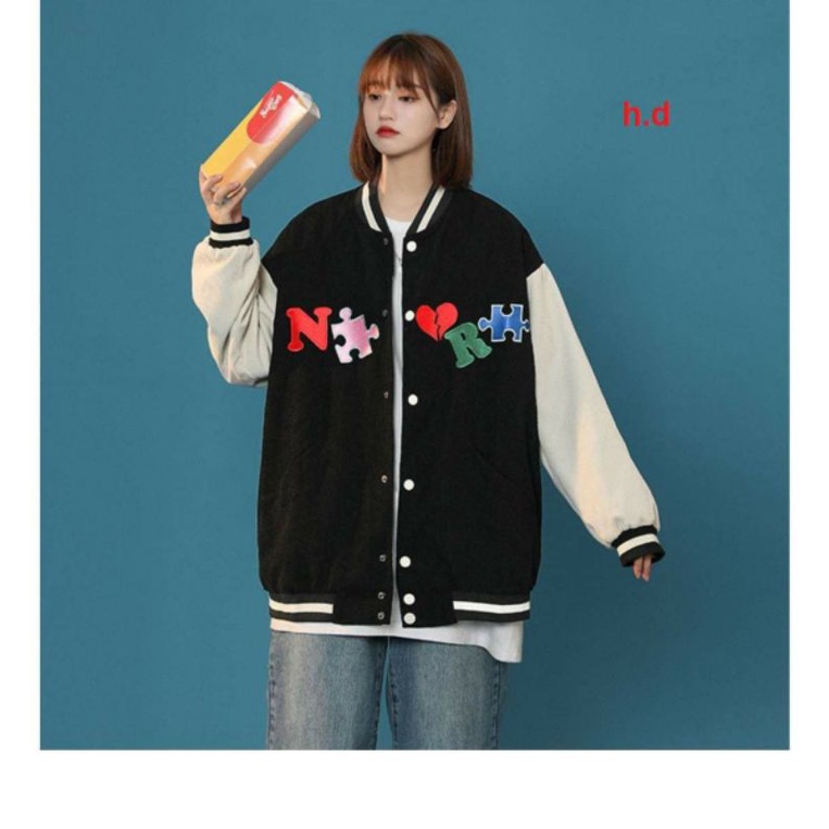 Áo Khoác Bomber Ns Tim đỏ cúc bấm nam nữJacket Unisex Chất nỉ vs gió Form &lt;55kgÁo Bóng Chày Phong cách Thể thao