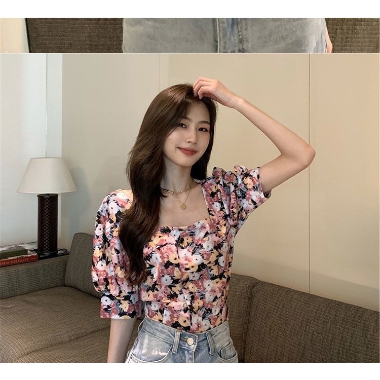 Áo sơ mi tay phồng cổ vuông hở lưng in họa tiết hoa thời trang phong cách Pháp cổ điển cho nữ