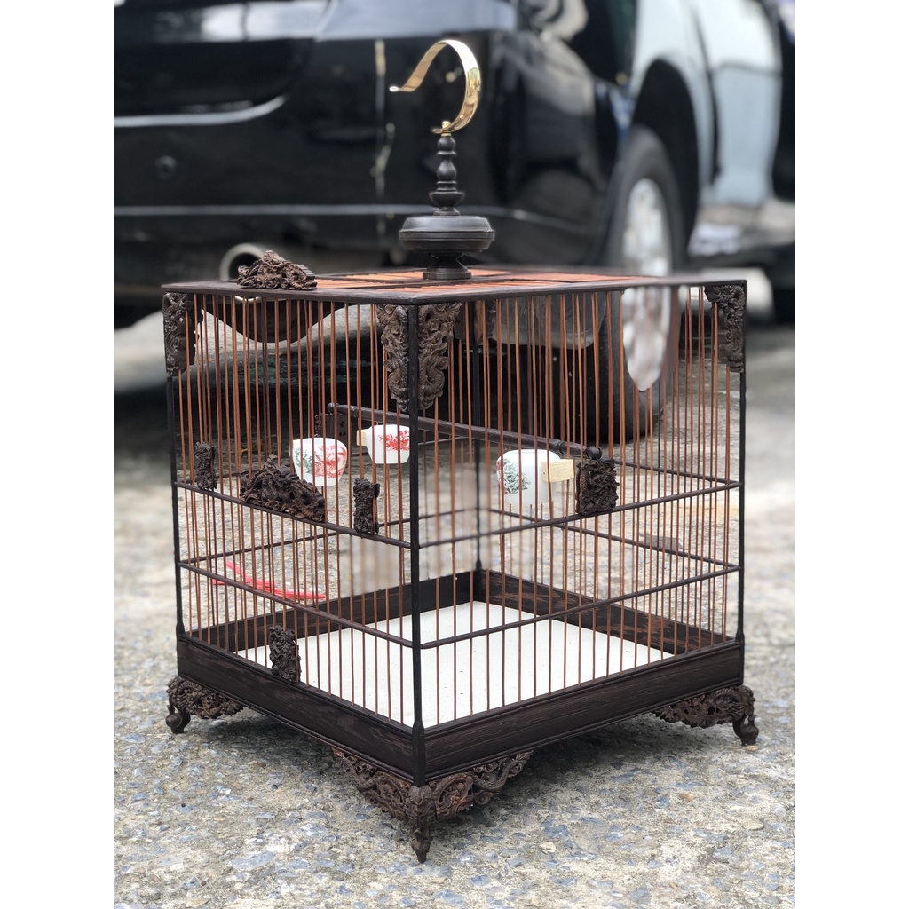 Lồng chim chào mào gỗ mun đuôi công Vuông đấu trụ tròn đục Rồng kèm đủ phụ kiện LC01 Lồng chim Kabosa