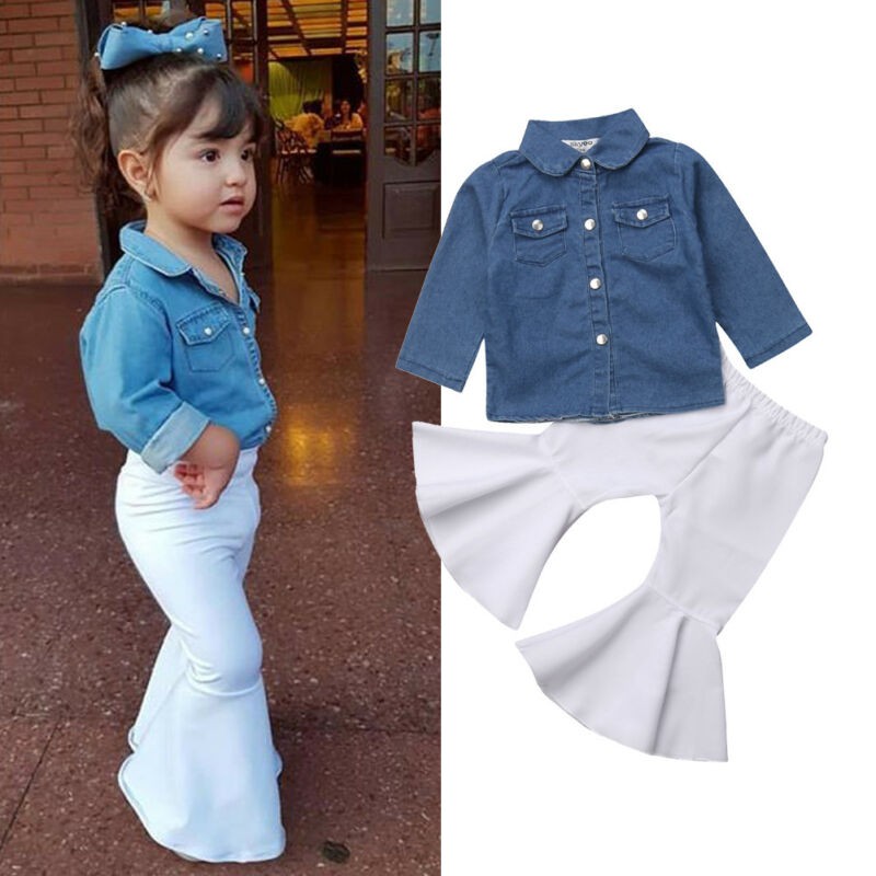 Set Áo Denim Tay Dài + Quần Ống Loe Thời Trang Cho Bé Gái