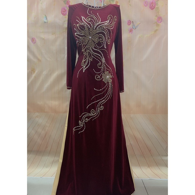 ÁO DÀI NHUNG KẾT CƯỜM SANG TRỌNG VECHAI/ĐÔ - ẢNH THẬT 100%