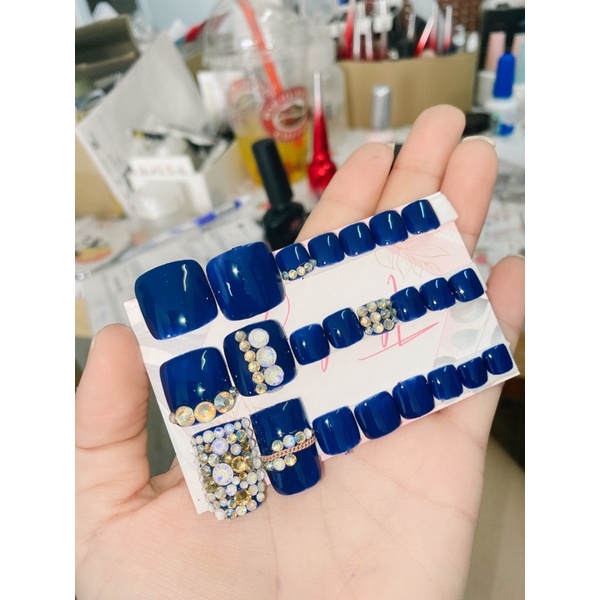 A129 bộ 24 móng chân giả màu xanh đậm đính đá kèm keo dũa
