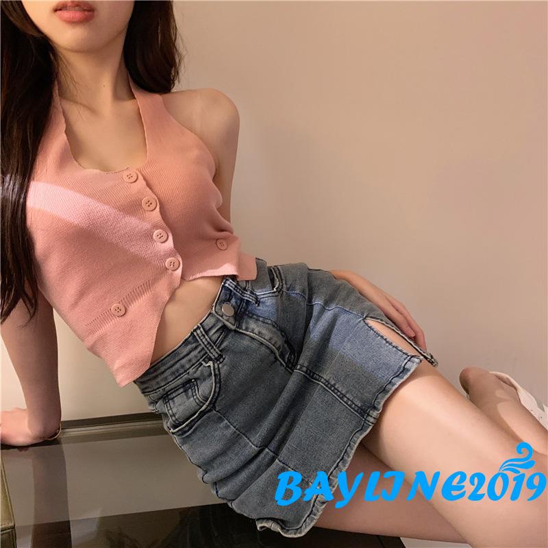 Áo croptop không tay hở lưng gài nút màu trơn thời trang mùa hè 4 màu lựa chọn cho nữ