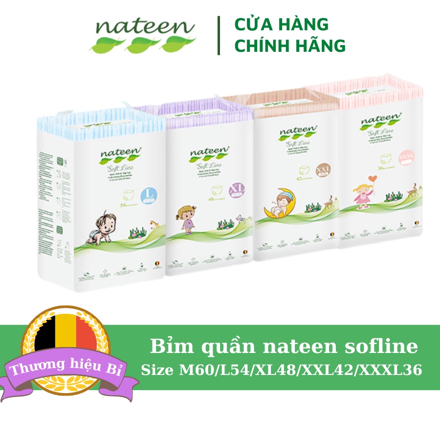 Tã/Bỉm quần hữu cơ Nateen cao cấp CHÂU ÂU mỏng nhẹ, khô thoáng đủ size Quần M60/L54/XL48/XXL42/XXXL36