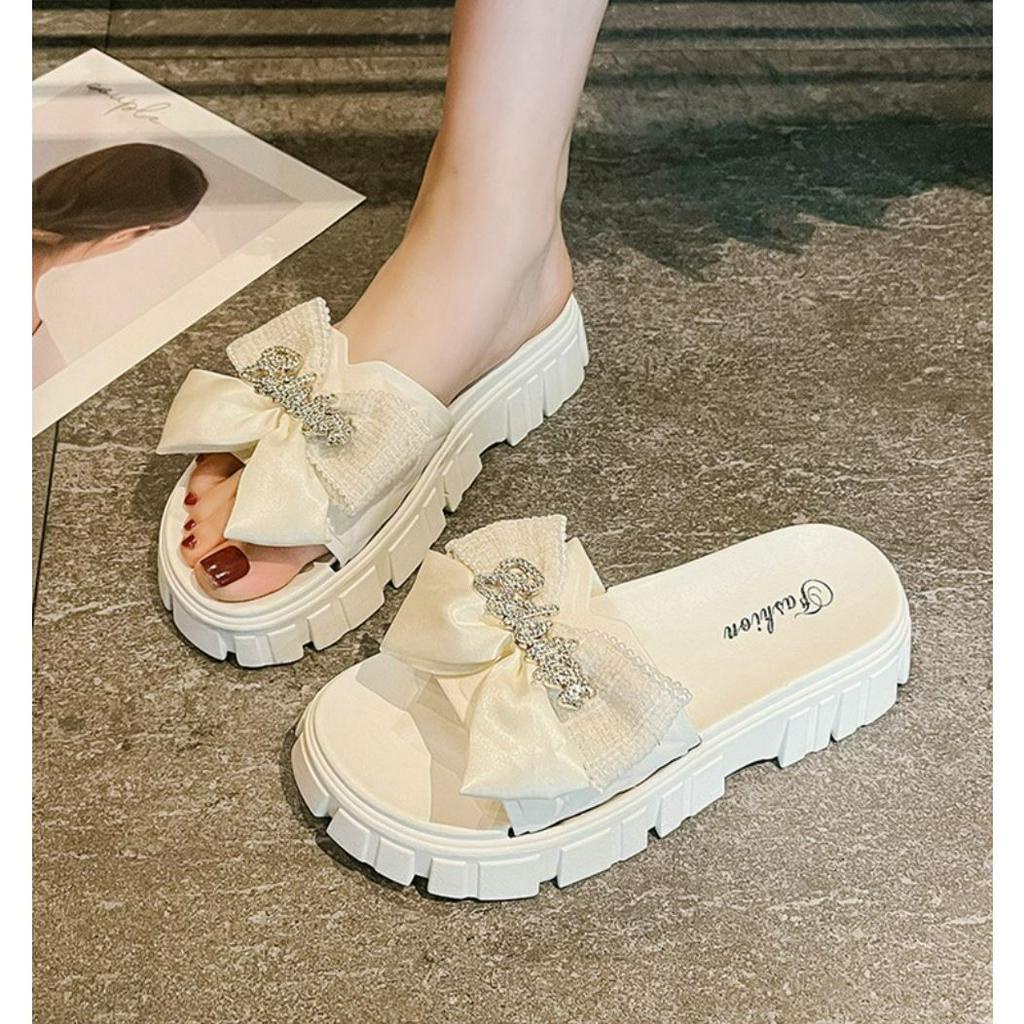 Dép Nữ Đế Cao 5cm BDStar Đính Nơ Tiểu Thư Phong Cách Hàn Quốc