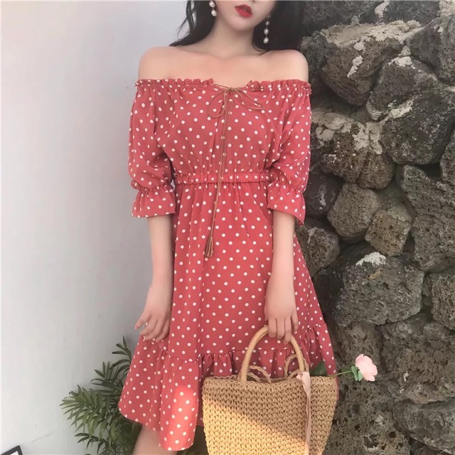 (Order) Váy trễ vai chun chấm bi