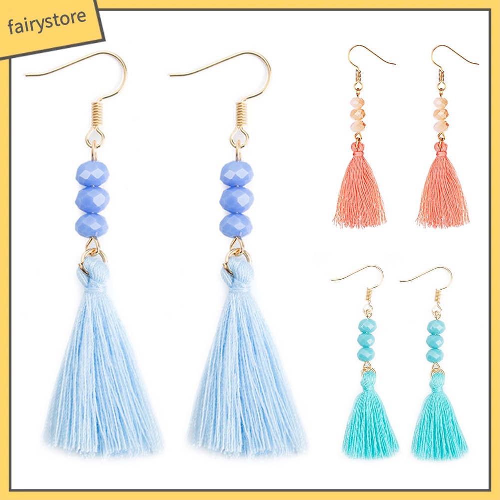 Bông tai tua rua đính hạt nhựa phong cách boho