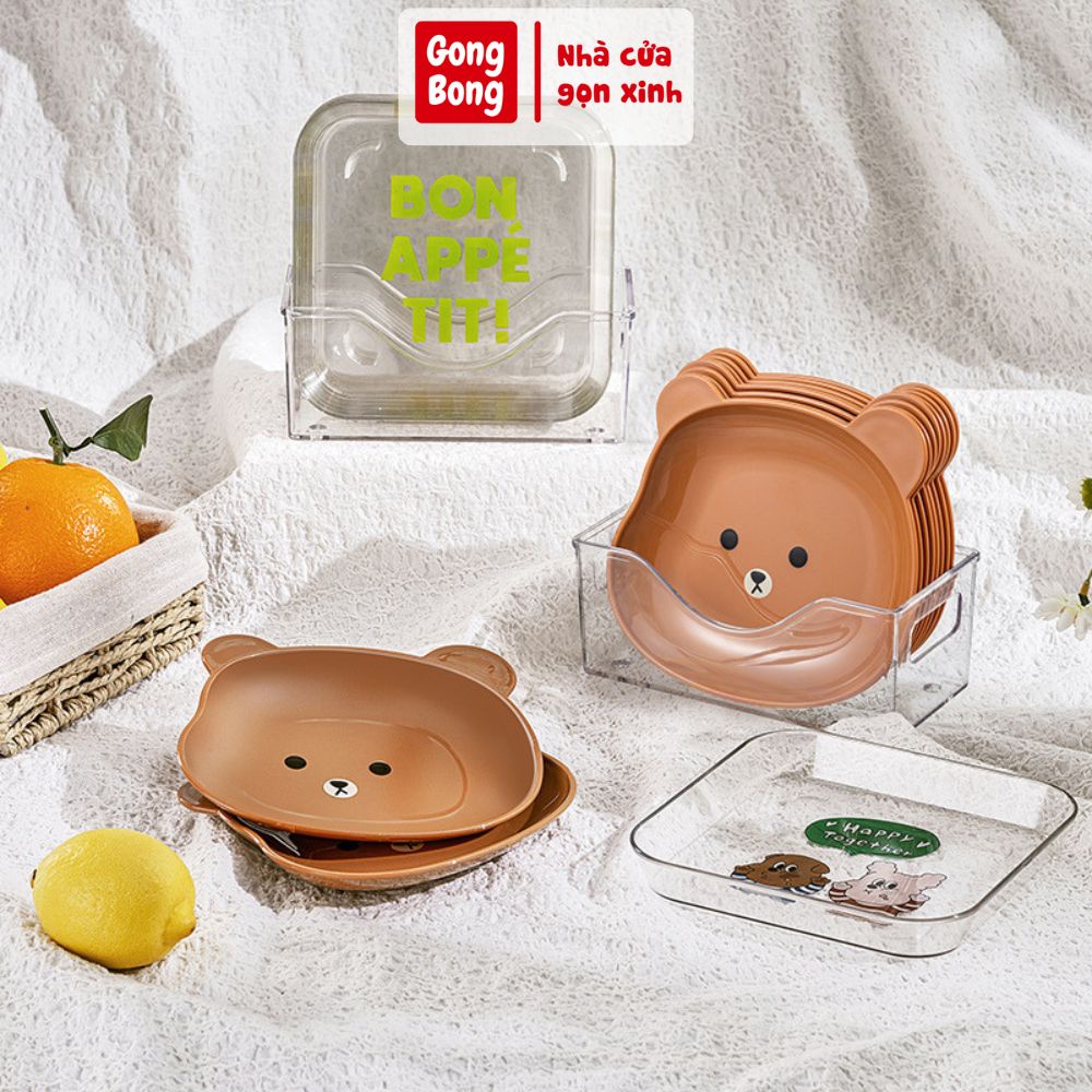 Set 8 đĩa đựng thức ăn hình gấu hoạt hình bằng nhựa đa năng chống rơi vỡ dễ thương