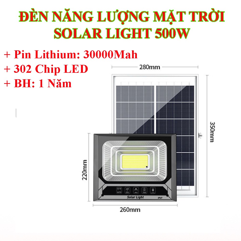 Đèn năng lượng mặt trời 500W 1 bóng đèn 302 chip Led, pin lithium 30.000Mah