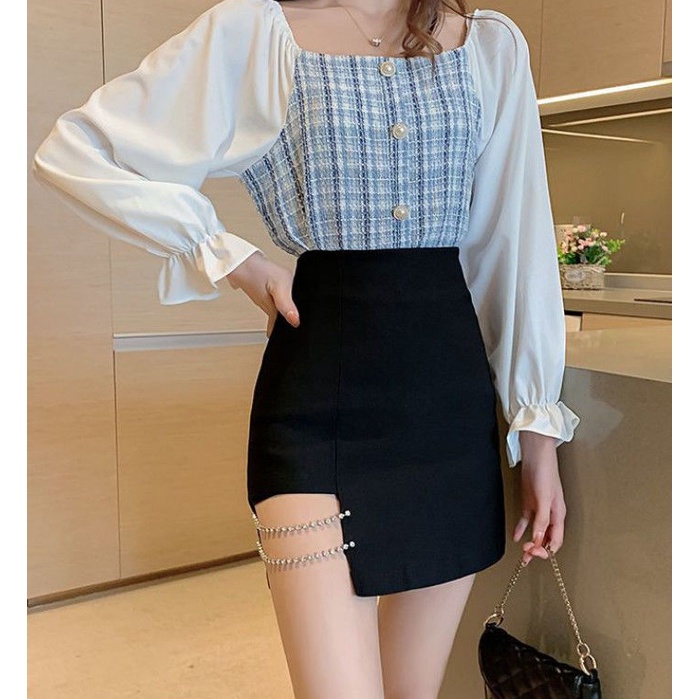 Chân váy chữ A màu đen lưng cao đính đá quyến rũ cho nữ