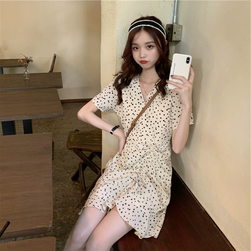 Đầm Tay Ngắn Cổ Chữ V Họa Tiết Chấm Bi Phong Cách Hàn Quốc Thời Trang Cho Nữ