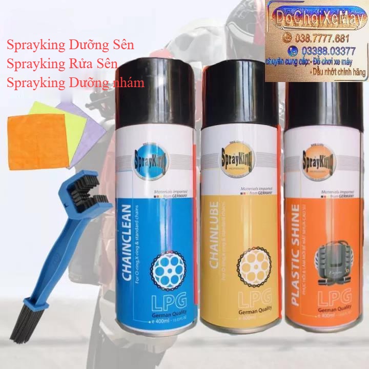 Sprayking bộ 3 Dưỡng Sên , Rửa Sên thăng đĩa , Dưỡng nhựa nhám vỏ xe 400ml bàn chải 3D  . DoChoiXeMay