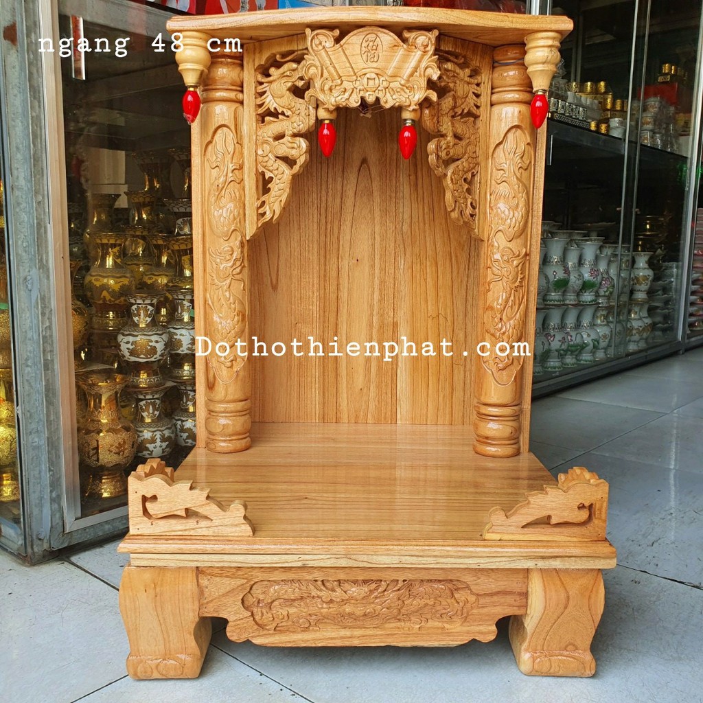 Bàn thờ thần tài ông địa gỗ xoan ngang 48 cm quỳ hộp hàng đẹp