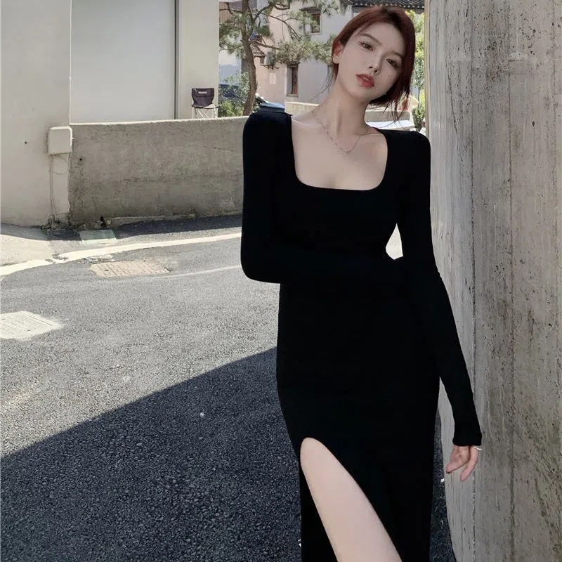 2022 Phụ Nữ Mùa Thu Phong Cách Mới Đầm Midi Cổ Vuông Thời Trang Váy Xẻ Tà Sexy