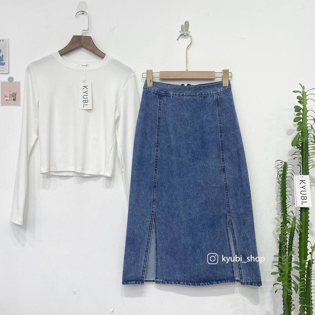 Chân váy dài Jean denim Midi Kyubi Xẻ tà Lưng cao dáng chữ A phong cách Hàn Quốc - Váy dài Ulzzang Kyubi CVJ02