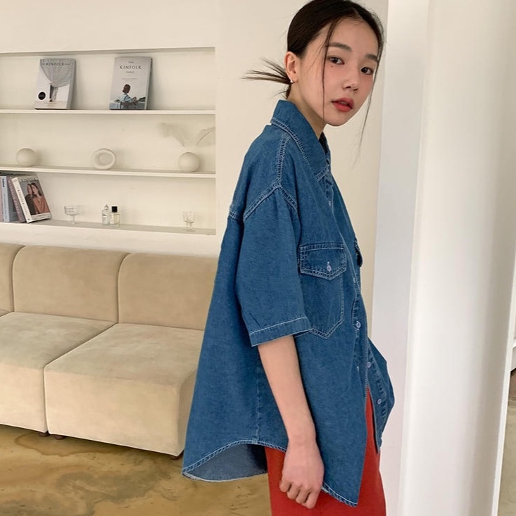 Áo Sơ Mi Denim Tay Ngắn Dáng Rộng Phối Hai Túi Thời Trang 50464