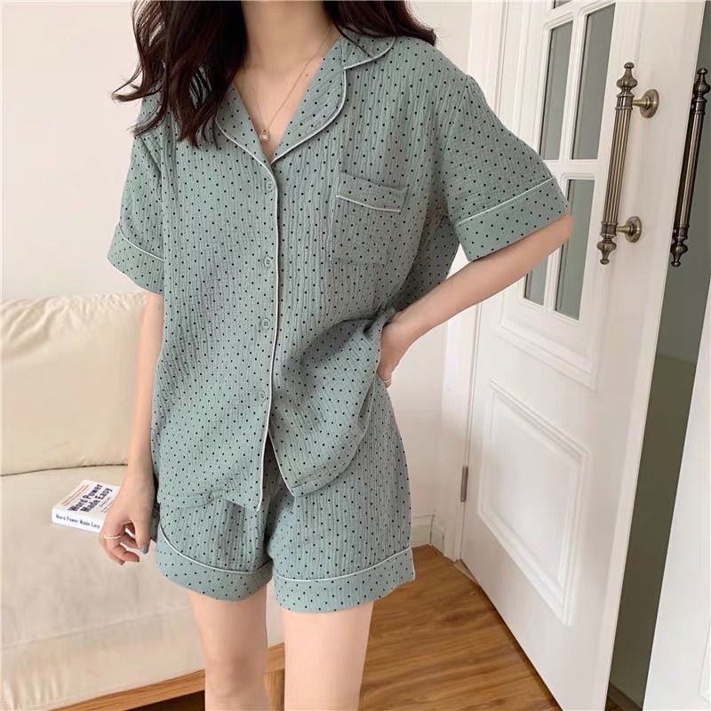 Đồ ngủ ngắn vải xô muslin BN038 chấm bi nhỏ siêu xinh