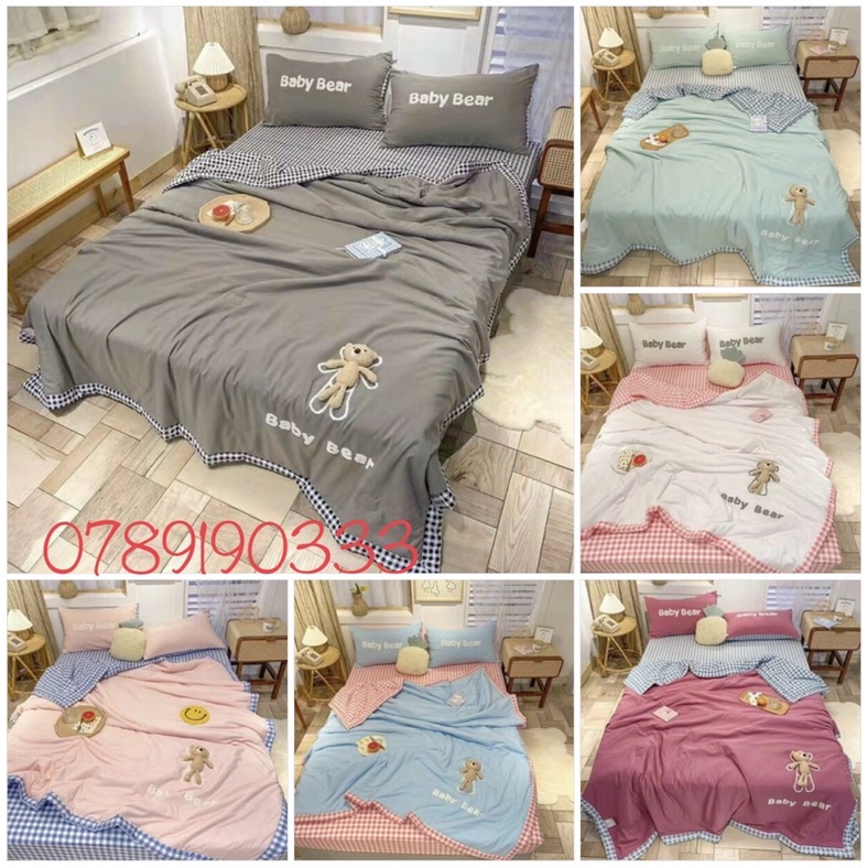 Chăn ga gối cotton đũi , Bộ ga gối đũi Baby Bear chăn trần hè tặng kèm gấu xinh