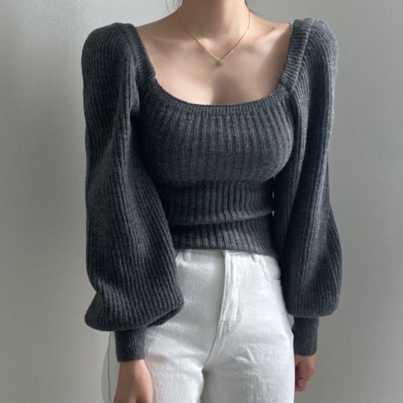 Áo Dệt Kim Tay Dài Cổ Vuông Phong Cách Retro 208245 Áo Sweater Tay Phồng Dáng Ngắn Thời Trang Hàn Quốc