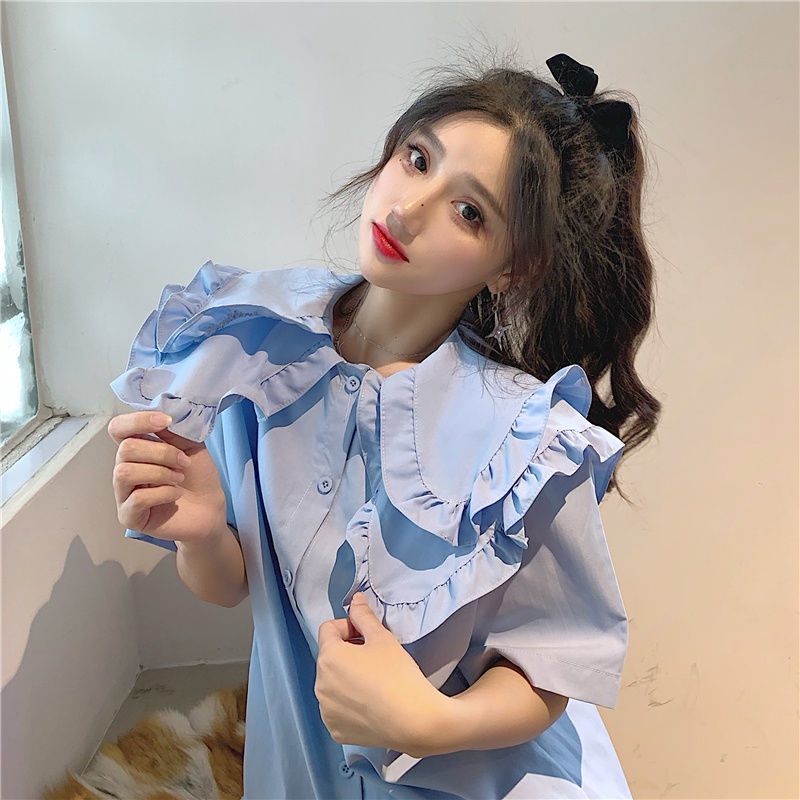 Áo sơ mi babydoll tay ngắn dáng rộng màu trắng trơn phong cách Hàn Quốc thời trang