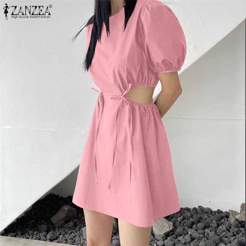 Đầm ZANZEA tay ngắn phồng cổ tròn thời trang dành cho nữ