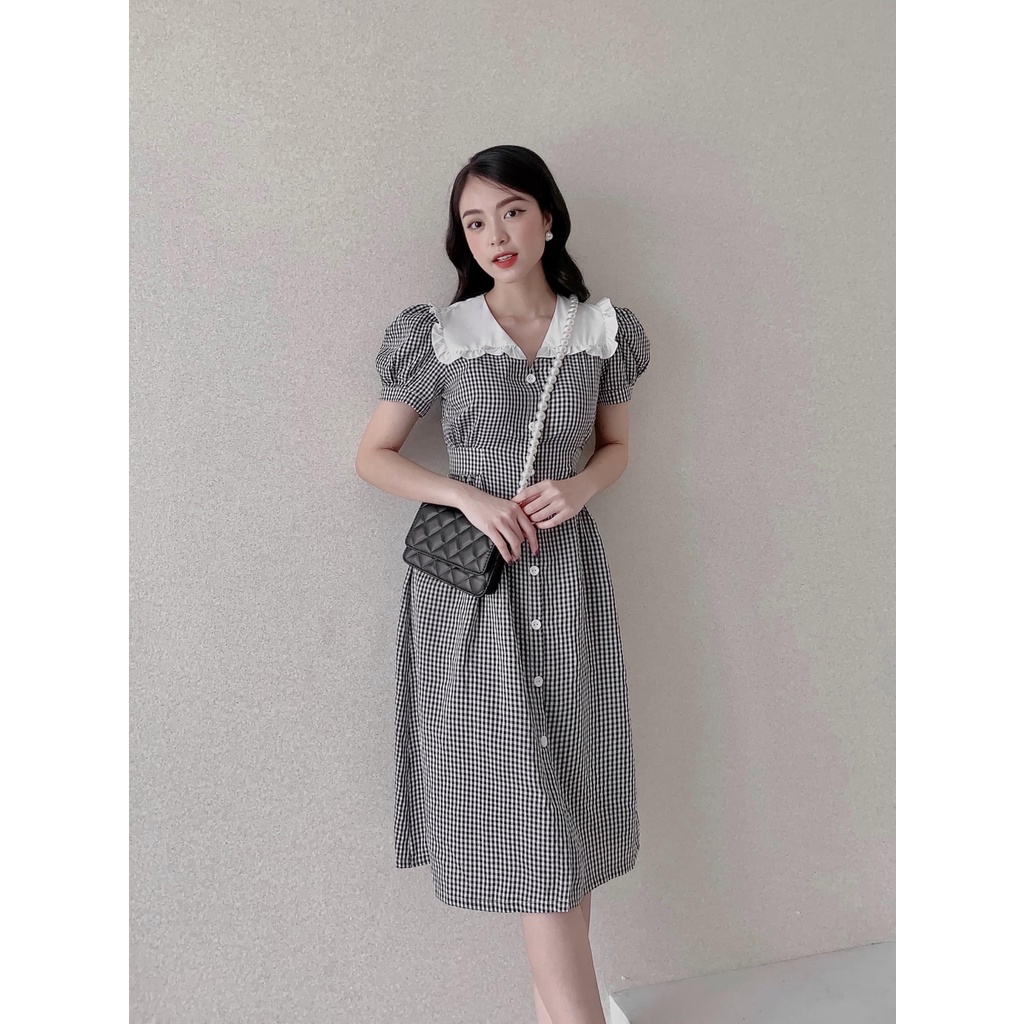 Váy kẻ caro cổ sen