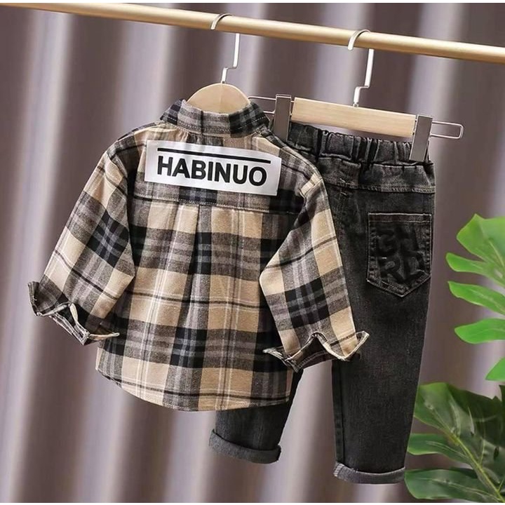 HÀNG QUẢNG CHÂU CAO CẤP Bộ sơ mi cho bé trai cực sành điệu, áo cotton thấm mồ hôi, quần jean mềm Hongvybaby